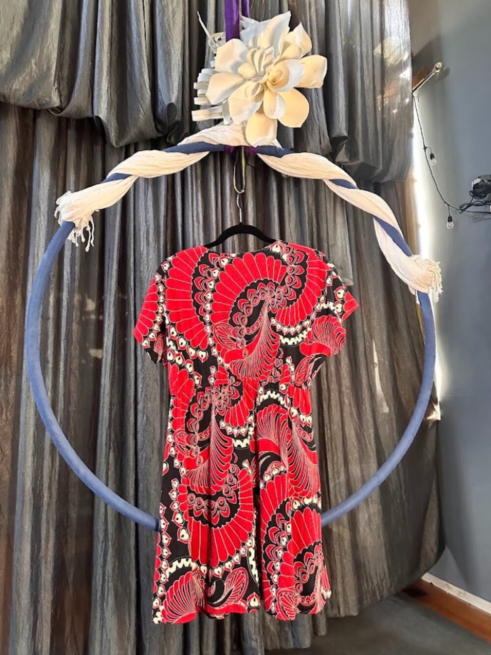 Lux Red Black & Cream Peacock Print Short Sleeve Dress